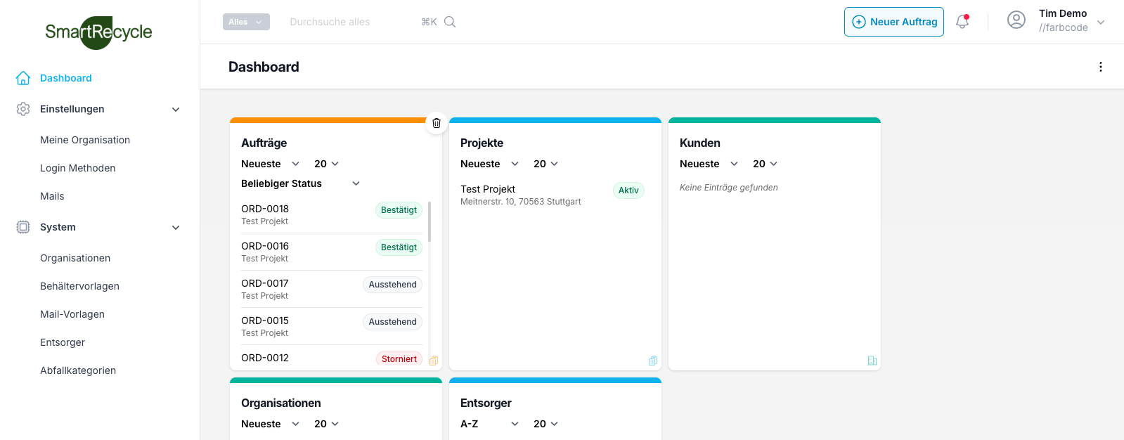 Dashboard des Entsorgungsportals
