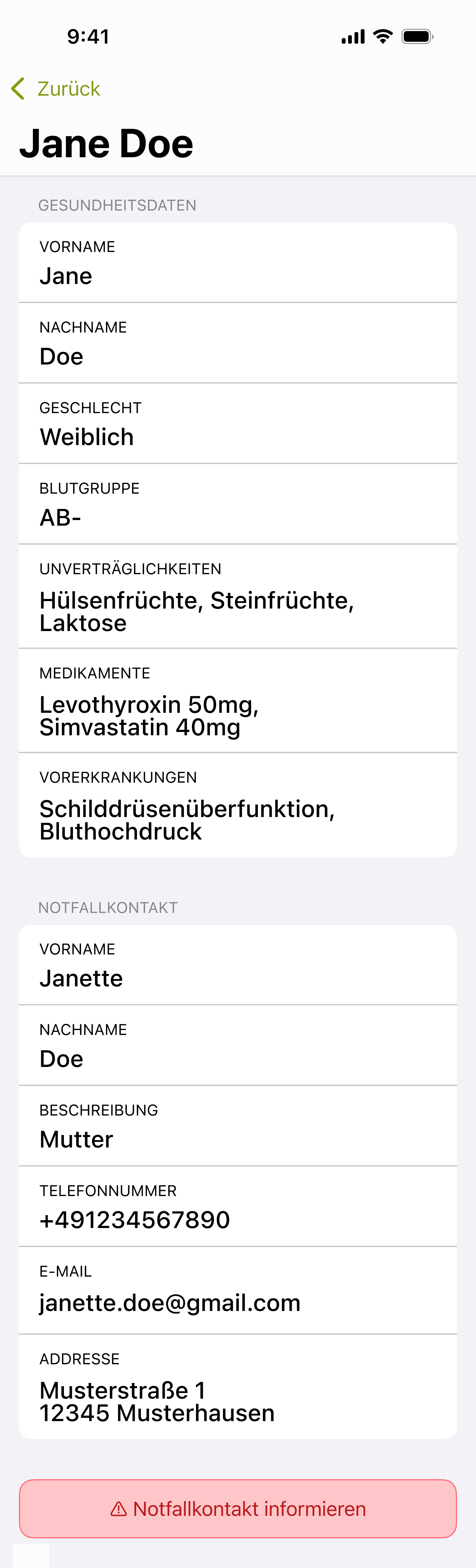 Notfalldaten einer Person